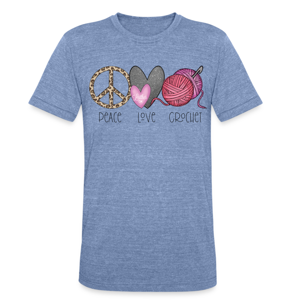 
            
                Load image into Gallery viewer, Peace, Love and Crochet T-Shirt - heather blue
            
        