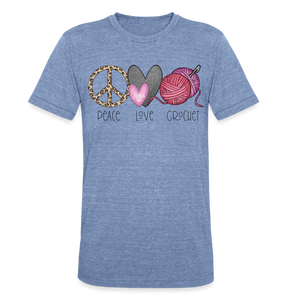 
            
                Load image into Gallery viewer, Peace, Love and Crochet T-Shirt - heather blue
            
        