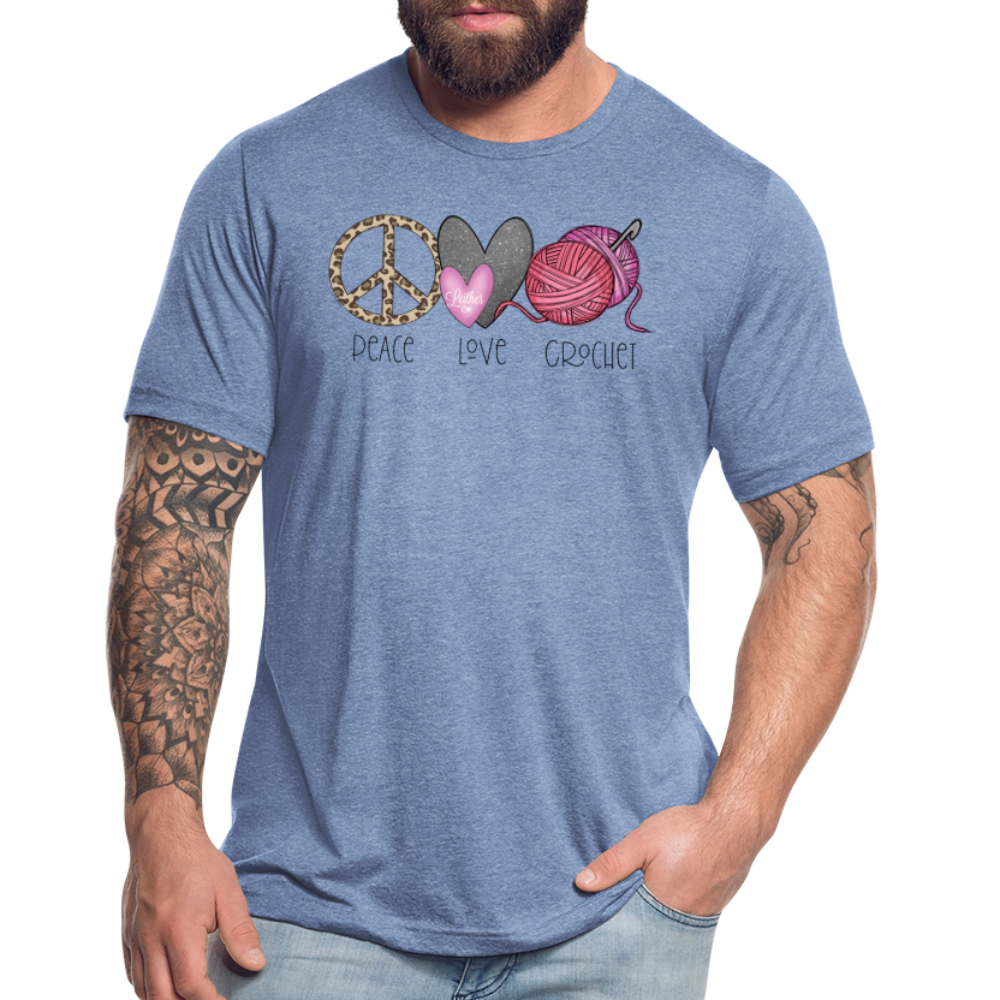 Peace, Love and Crochet T-Shirt - heather blue